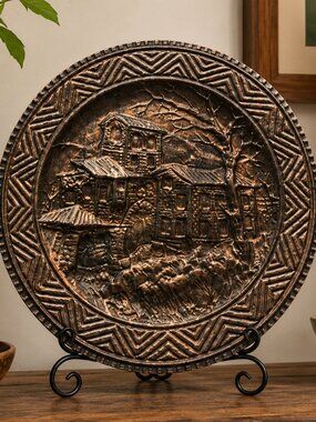 Vintage Copper Relief Wall Plate – Rustic House & Landscape Scene – Embossed Dec